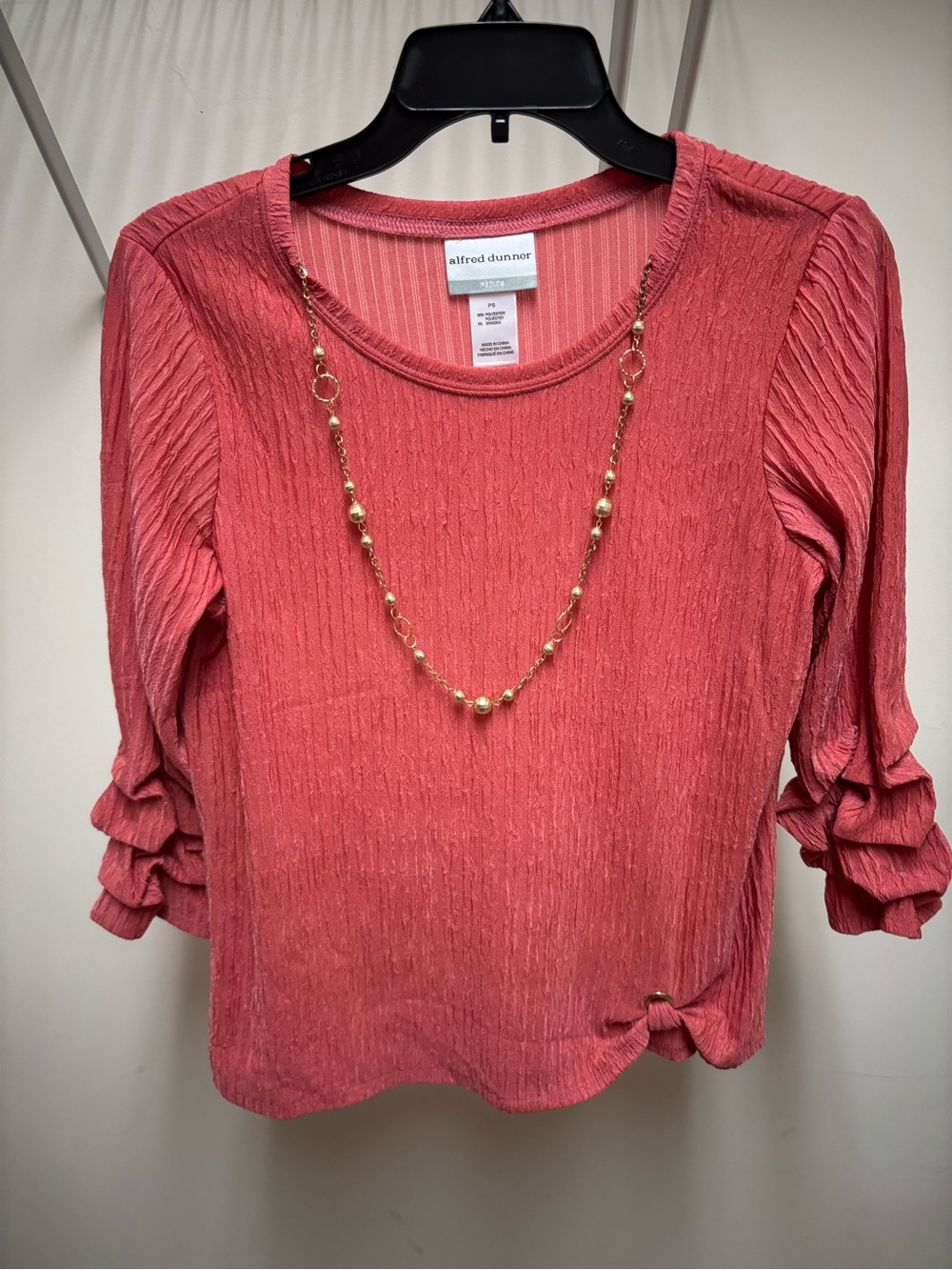 Alfred Dunner Coral Textured Round-Neck Long Sleeve Top with Ruching